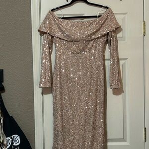 Gold Sequin Off-Shoulder Long Sleeve Dress